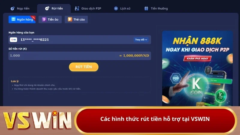 Phương thức rút tiền Vswin siêu đa dạng